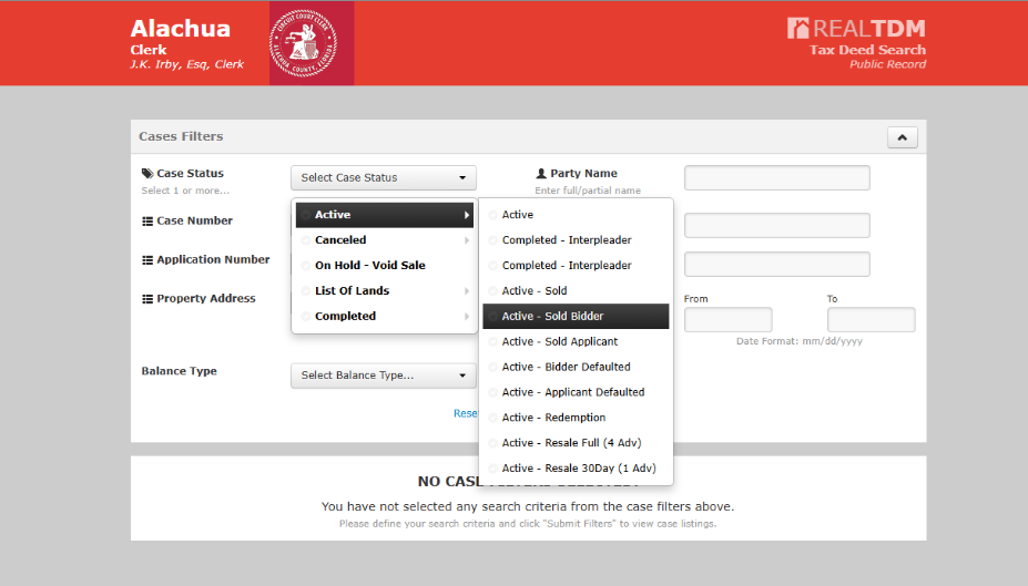 Tax Leads Portal Filter Menu