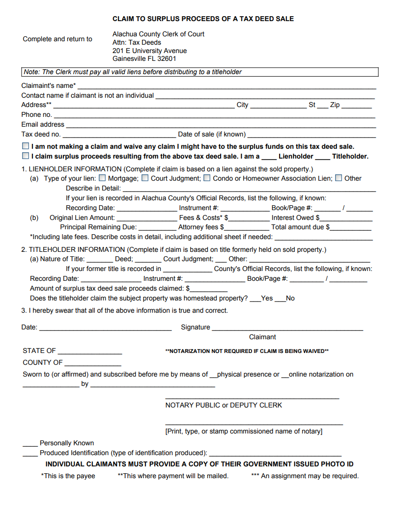 Surplus Funds Claim Form